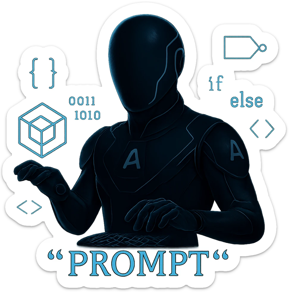 Change the AI suit to a much darker color, keeping the glowing circuits and floating cube logo, with one hand typing in mid-air, building prompts from code and logic. Keep the background transparent. The style should maintain the original look and feel of the image. sticker