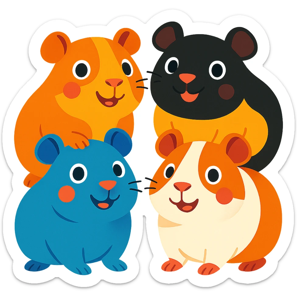 four happy and cute guinea pigs, different colors, colorful and friendly illustration style, white background sticker