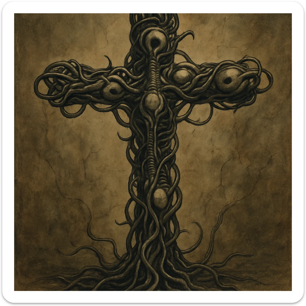a cross made of twisted wires and organic forms, inspired by Giger, biomechanical aesthetic sticker