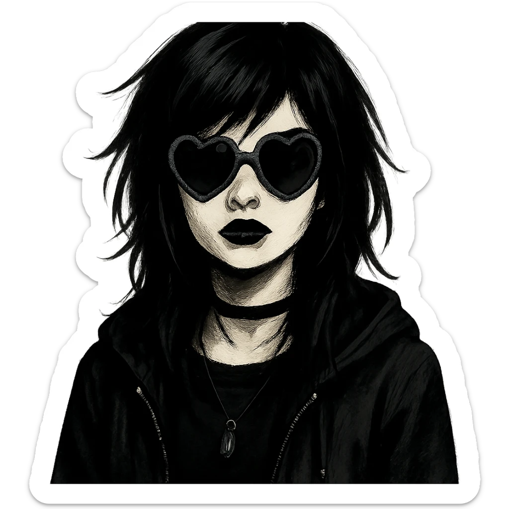 emo girl with heart-shaped sunglasses, dark hair, mysterious vibe sticker