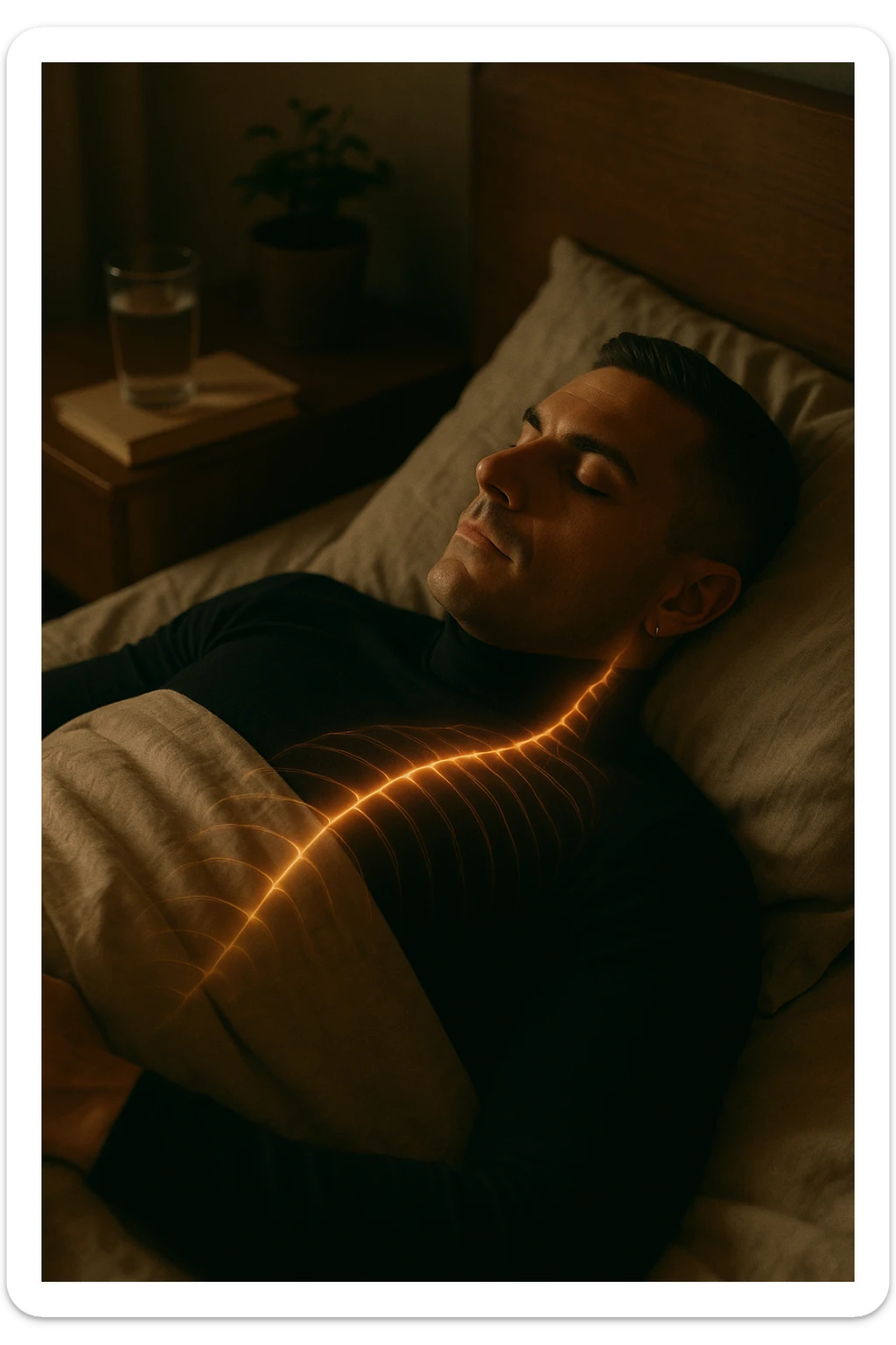 A cinematic close-up of a man in his early 30s sleeping peacefully on his back in a softly lit bedroom. His breathing is calm, chest rising slowly. The sheets are slightly crumpled, natural linen textures in warm beige tones. His face is relaxed, with faint light illuminating the side of his cheek and temple from a nearby window. Around his body, faint glowing lines follow the spine and head, symbolizing deep nervous system recovery and hormonal balance. On the nightstand: a glass of water, a book, and no electronics. The room is quiet and grounded, with natural elements like a small plant and a wooden headboard. Shot in 35mm cinematic style, with warm ambient tones, shallow depth of field, and a peaceful, healing atmosphere sticker