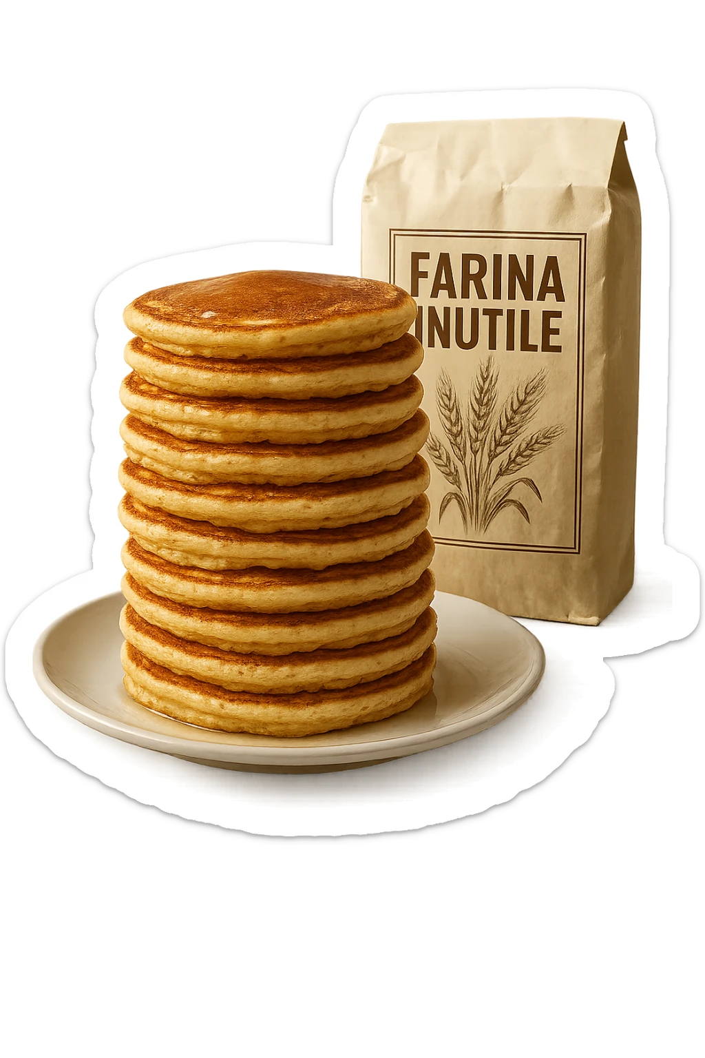 UN PIATTO CON TORRETTA DI PANCAKE E UN PACCO DI FARINA DIETRO CON LA SCRITTA "FARINA INUTILE" SUL PACCO,  iperrealistico 4k sticker