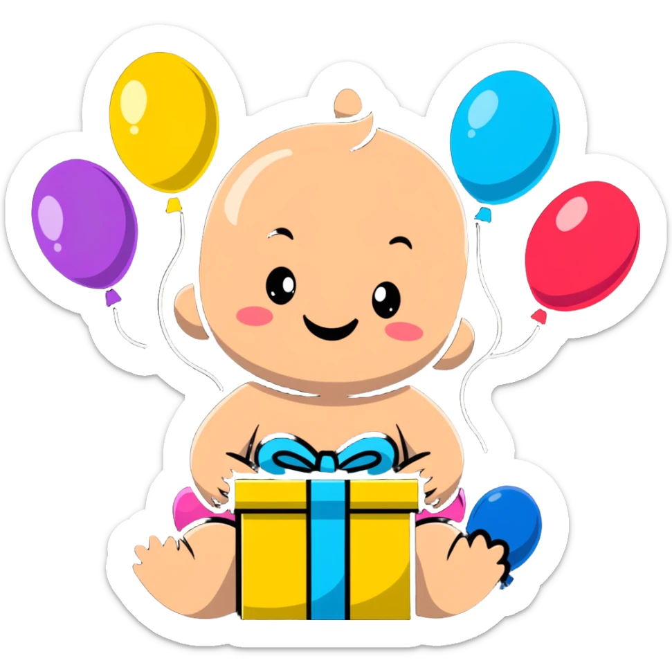 happy baby surrounded by birthday presents and colorful balloons sticker