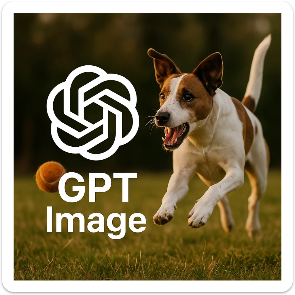  logo of chat gpt with text "GPT Image" on the background of a dog chasing ball, realistic image sticker