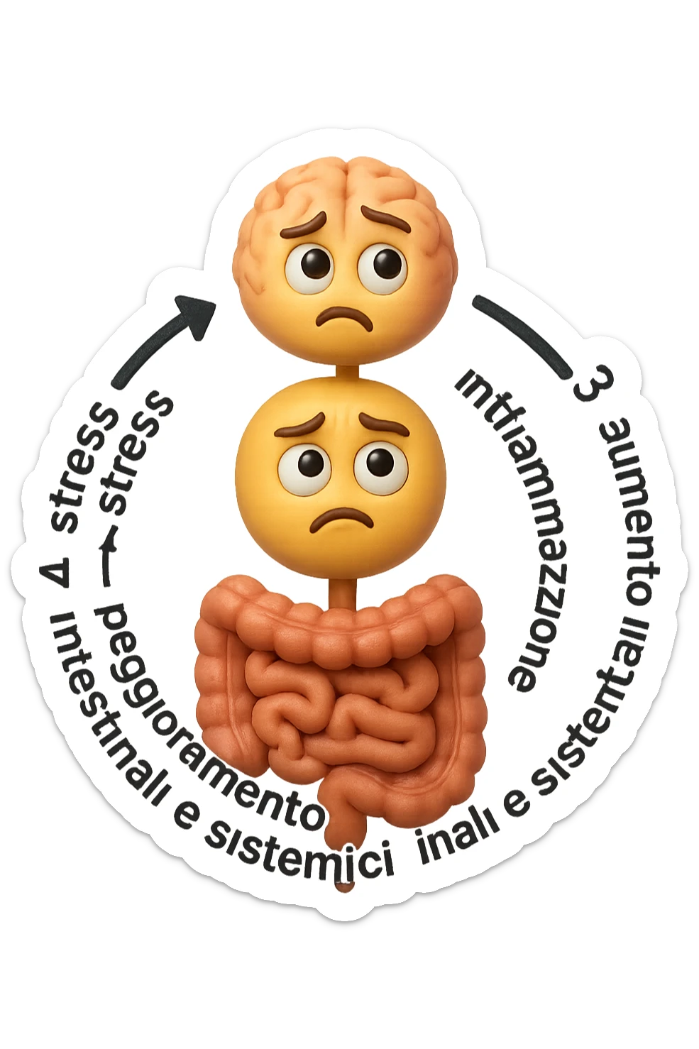 EMOJI STILE IPHONE 3D DI un cerchio con queste scritte che girano intorno in ordine per come li ho scritti "1. stress → 2. peggioramento intestinale → 3. aumento infiammazione → 4. peggioramento sintomi intestinali e sistemici." al centro del cerchio metti un cervello e intestino umani collegati verticalmente con espressione dubbiosa in volto, FALLO MOLTO REALISTICO IN 3D sticker
