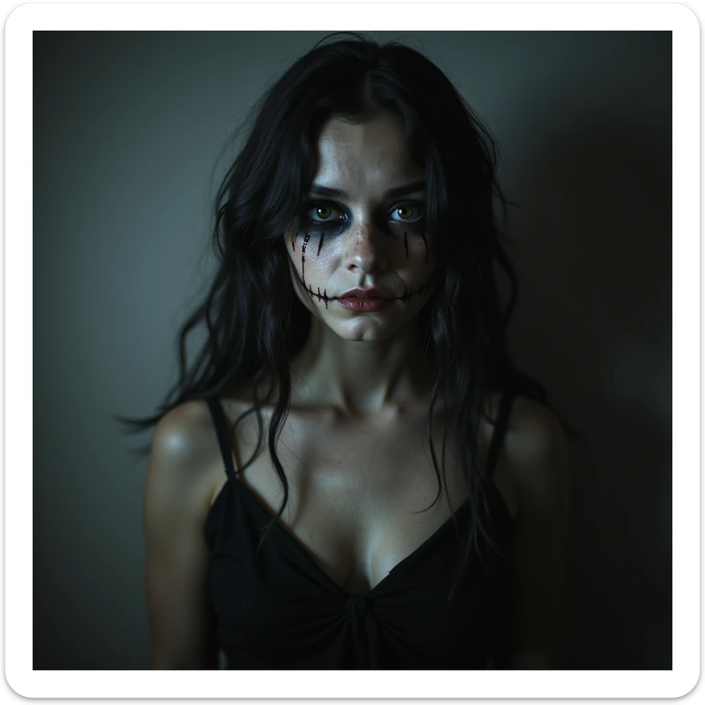 realistic horror portrait of a beautiful scary girl with supernatural beauty, unsettling expression, horror lighting, gothic style sticker