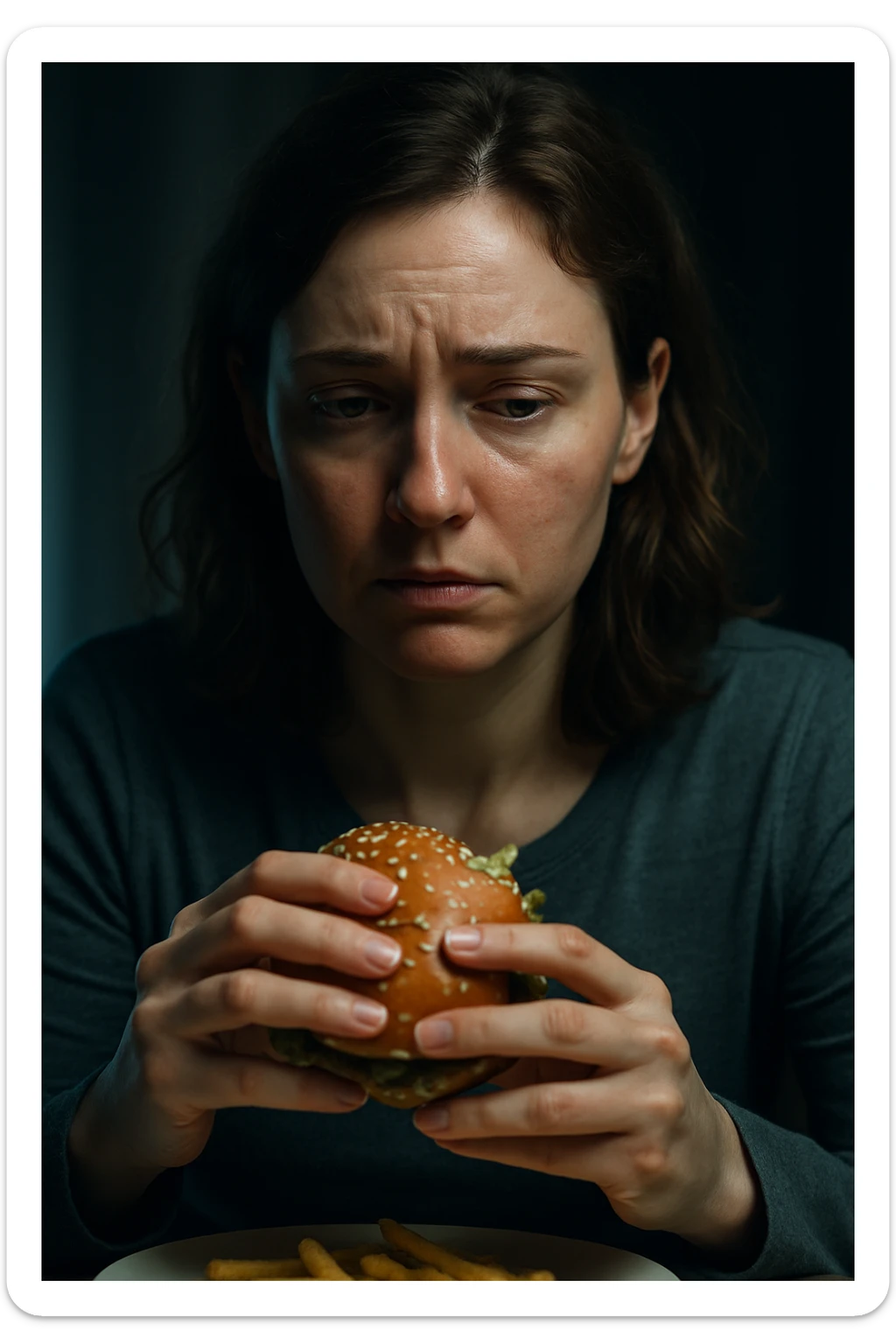 realistic and cinematic image of a woman with symptoms of nervous hunger related to menstrual cycle, gaze directed towards food, realistic details, clinical dramatic lighting, no text, vertical 2:3 format sticker