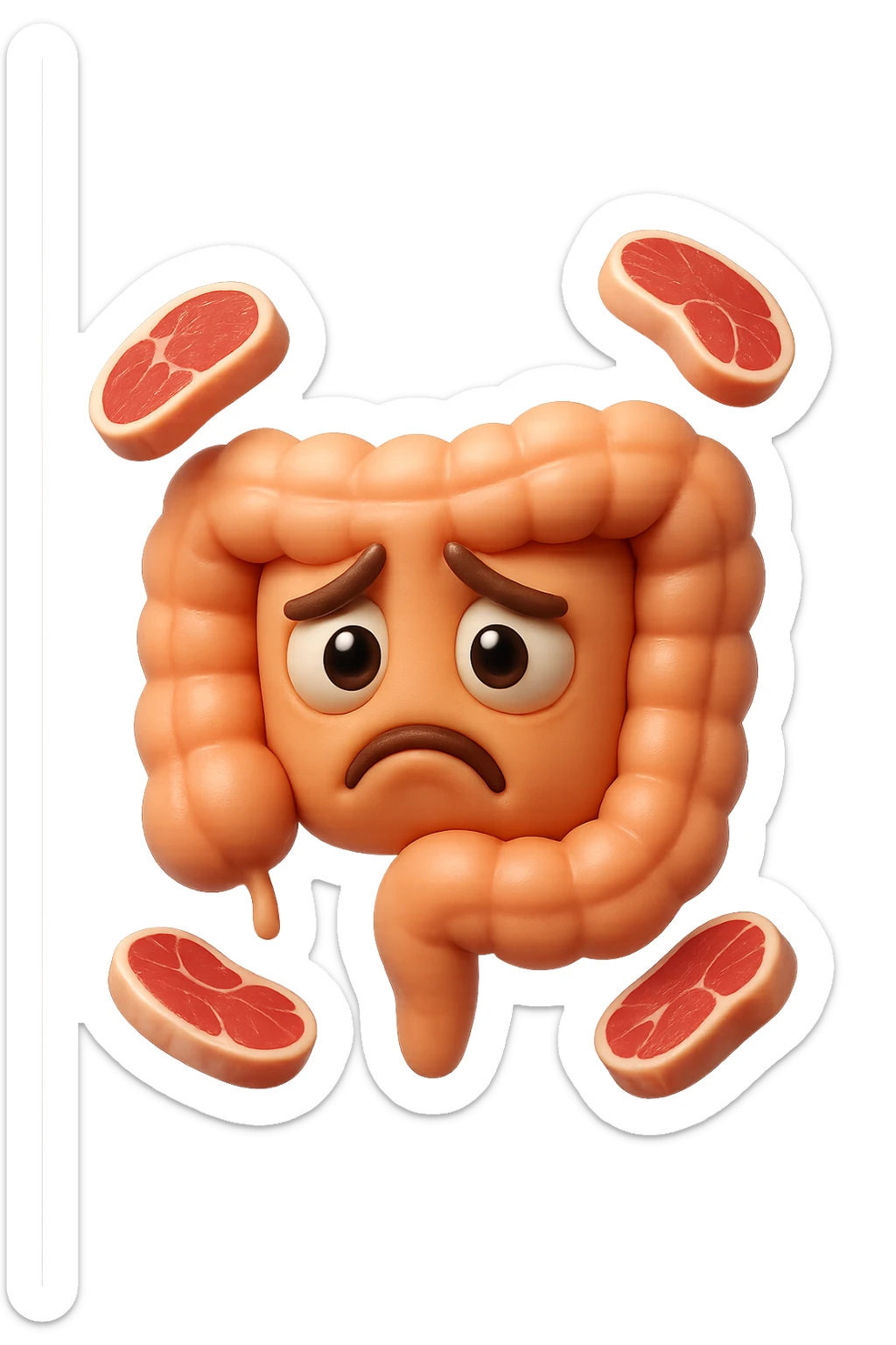emoji stile iphone in 3d di un intestino triste con fette di carne che gli fluttuano intorno, gli occhi falli con la parte bianca pure, iperrealistico 4k sticker