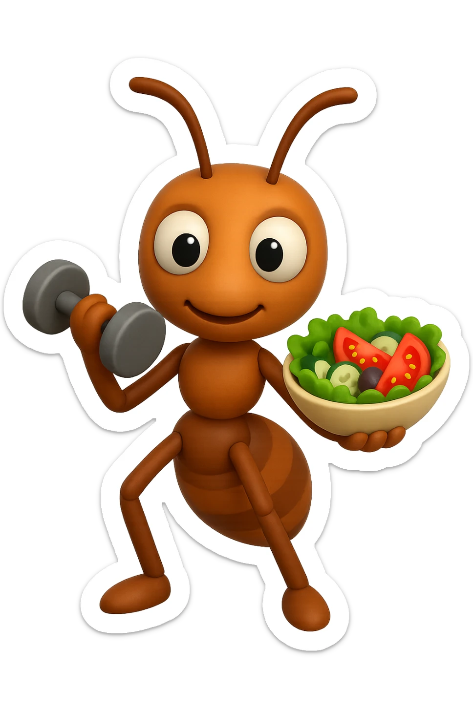 EMOJI STILE IPHONE 3D DI UNA formica CHE ha un manubrio da palestra nella mano destra e un insalata nella mano sinistra, FAGLI GLI OCCHI CON LA PARTE BIANCA, NON SOLO LA PUPILLA sticker