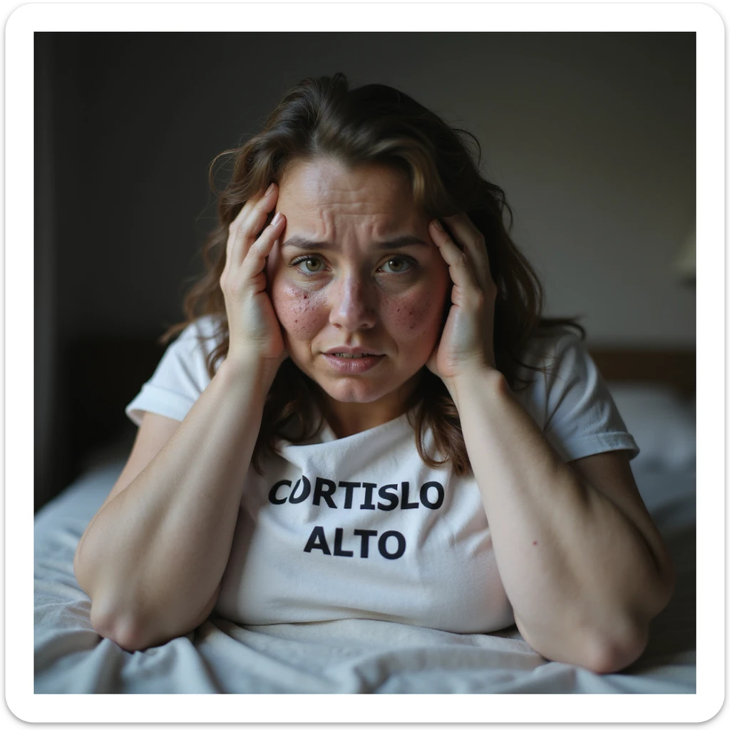 woman with PCOS and high cortisol, face with acne and chin hair, thin hair, visibly stressed expression, red eyes and dark circles, slightly overweight body, sheet with the text 'CORTISOLO ALTO' on the table, realistic home environment, hyperrealistic 4K details sticker