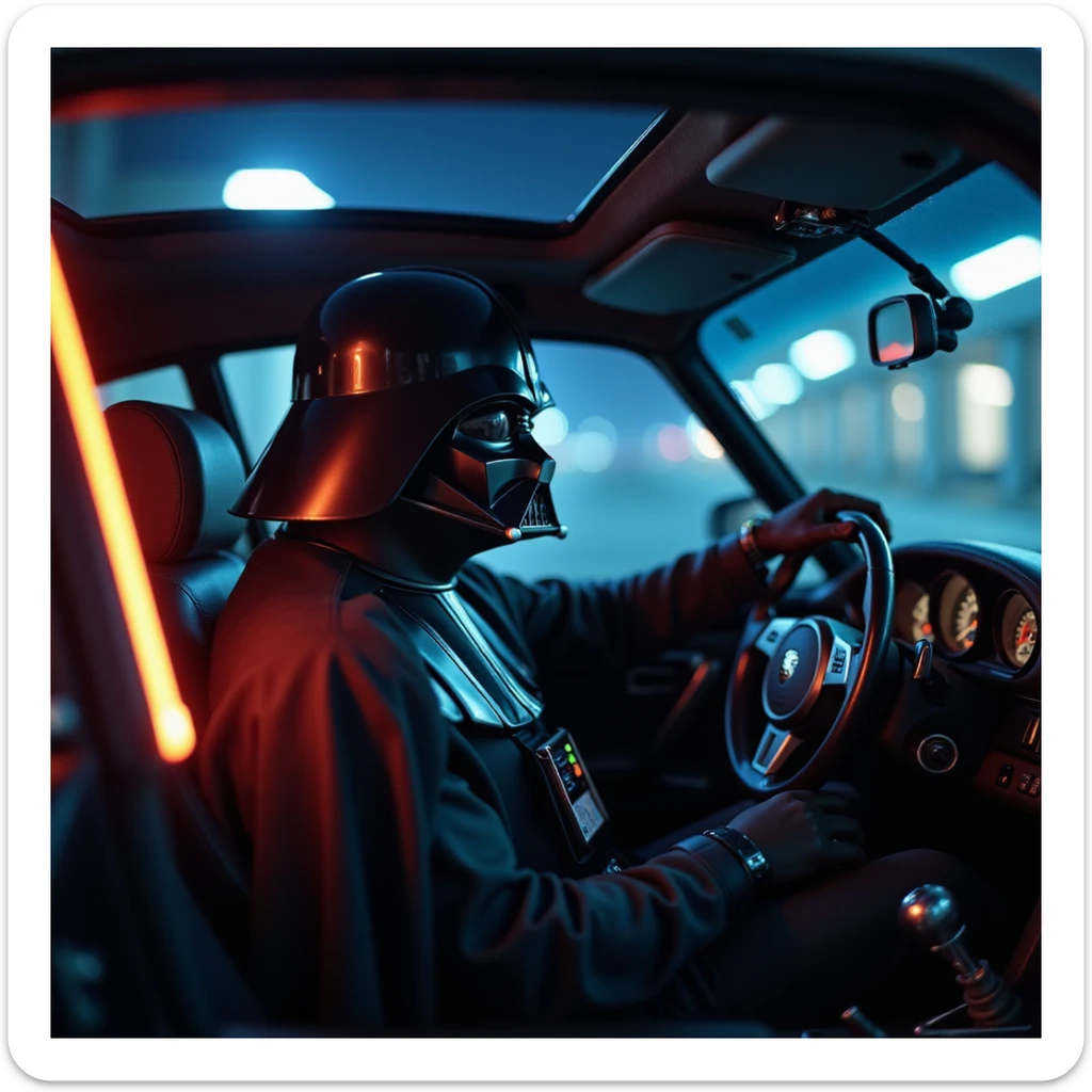 Cinematic shot of aDarth vader sitting in porsche 911, blue and orange lights  sticker