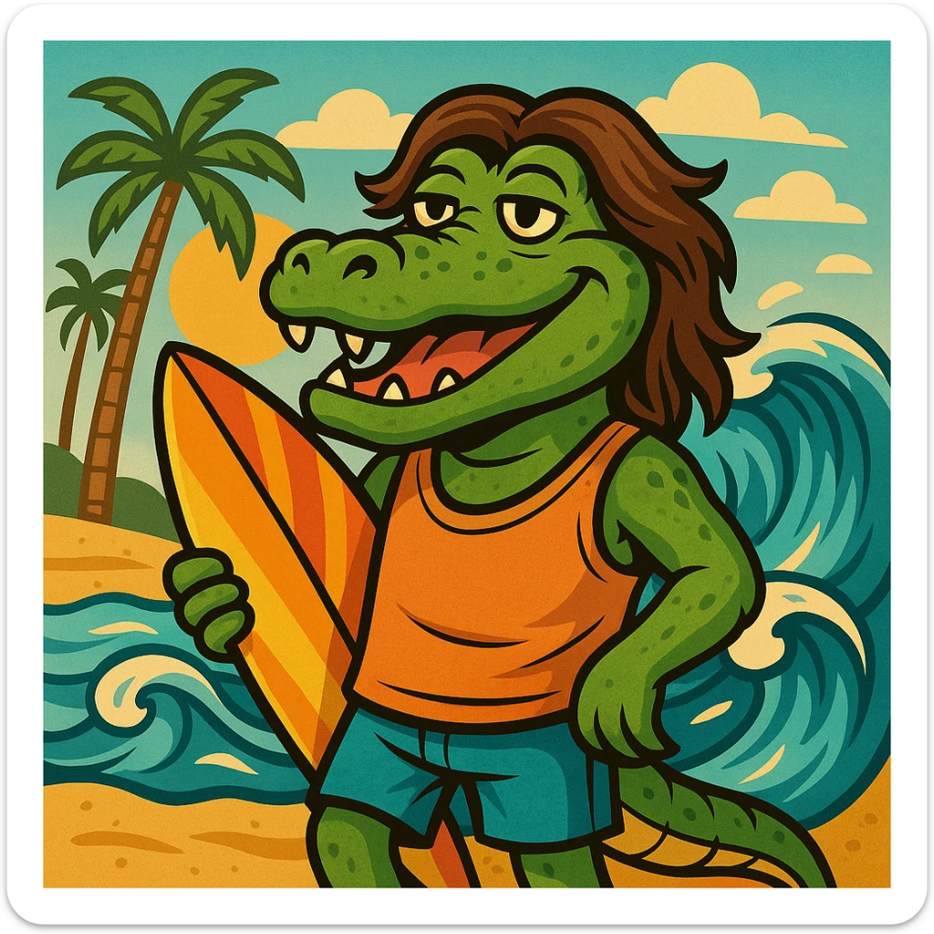 Transform the gangster alligator cartoon into a surfer beach bum with brown hair and a relaxed vibe. Add beach elements like a surfboard or waves around him, keeping the cartoon style consistent and fun. sticker