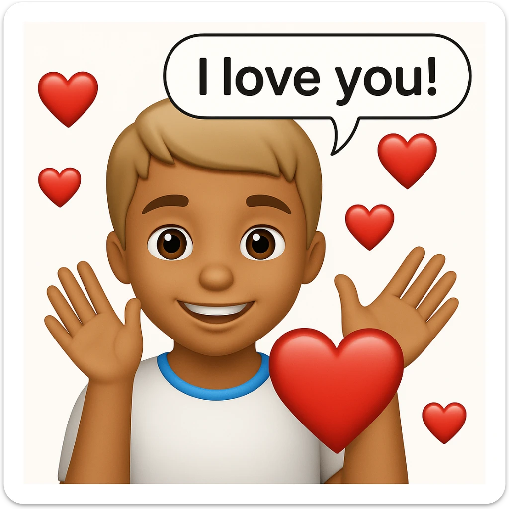 Add a speech bubble with the greeting 'I love you!' to the image, keeping the emoji style warm and loving sticker