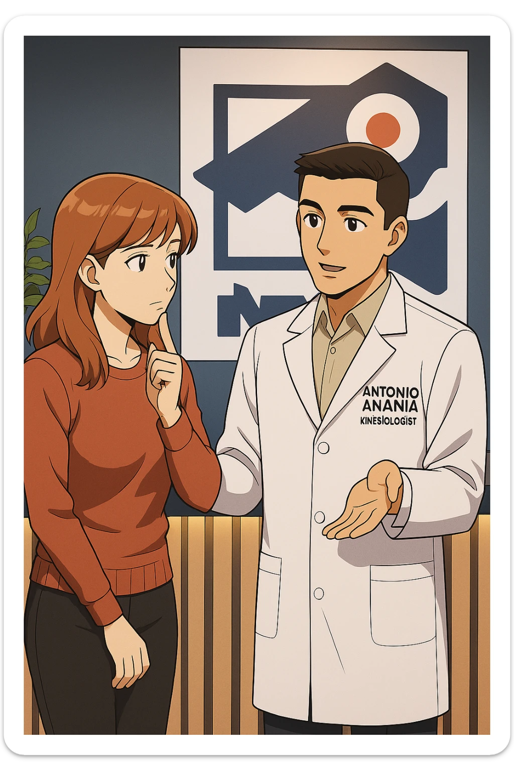 su questo stile fai un manga/webtoon a colori in cui una donna SI TOCCA IL MENTO CON L'INDICE MENTRE ASCOLTA PENSIEROSA L'UOMO, l'uomo della foto in stile manga LE SPIEGA CHE DEVE PROVARE LA SUA VALUTAZIONE MEDICA, mantieni un ambiente simile alla foto che ho allegato con il suo logo (sarebbe il suo studio, lui è un kinesiologo), scrivigli "ANTONIO ANANIA" sul camice bianco, non mettere fumetti, ma fai in modo che sembri che la donna ASCOLTI l'uomo sticker