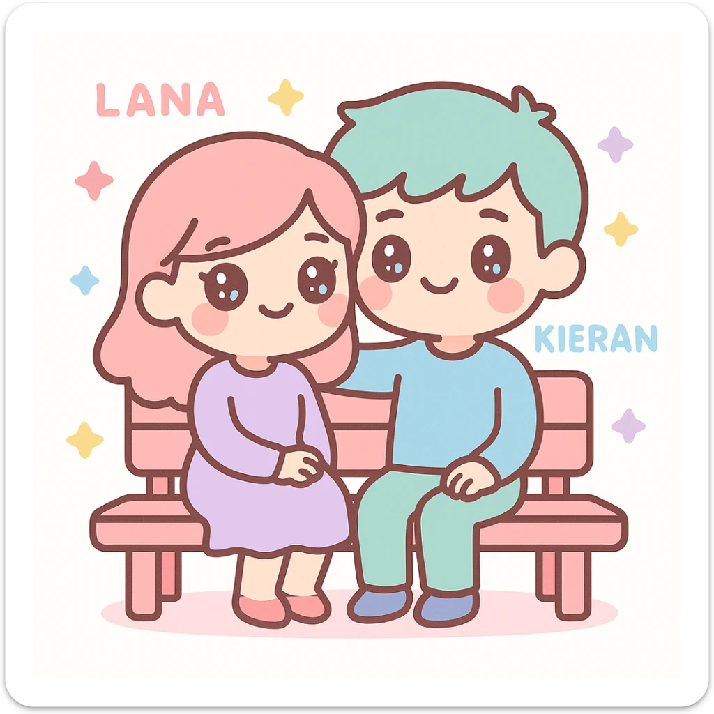 Lana and Kieran as a couple, sitting together on a park bench, in a cozy storybook style sticker