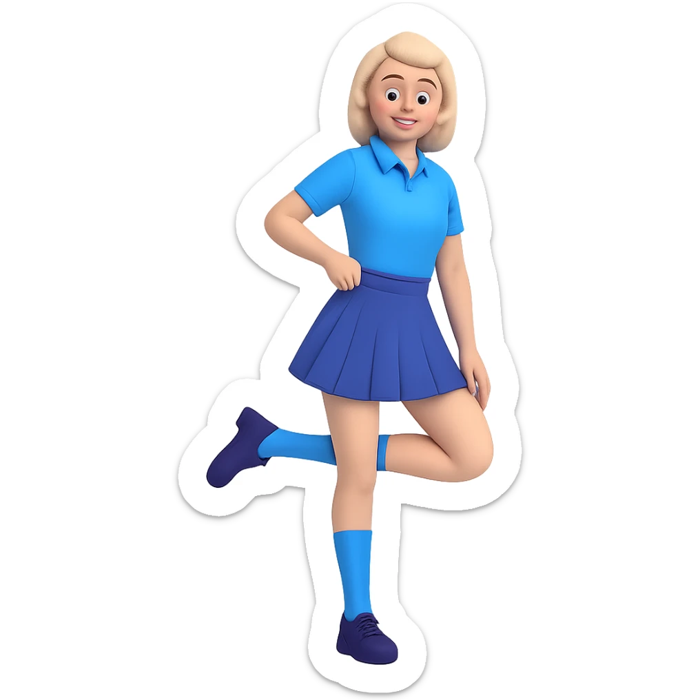 Make the blue school skirt even shorter, knees showing, playful and bold, with no background. sticker