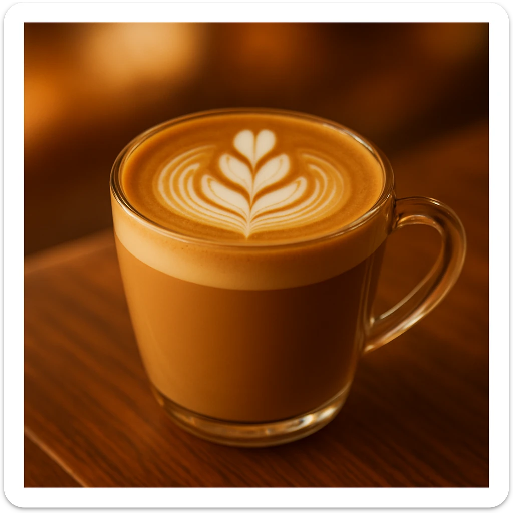 Add a tulip foam art style to the coffee latte in the glass mug, keep the warm and inviting atmosphere. Maintain the cozy and warm look of the original image. sticker