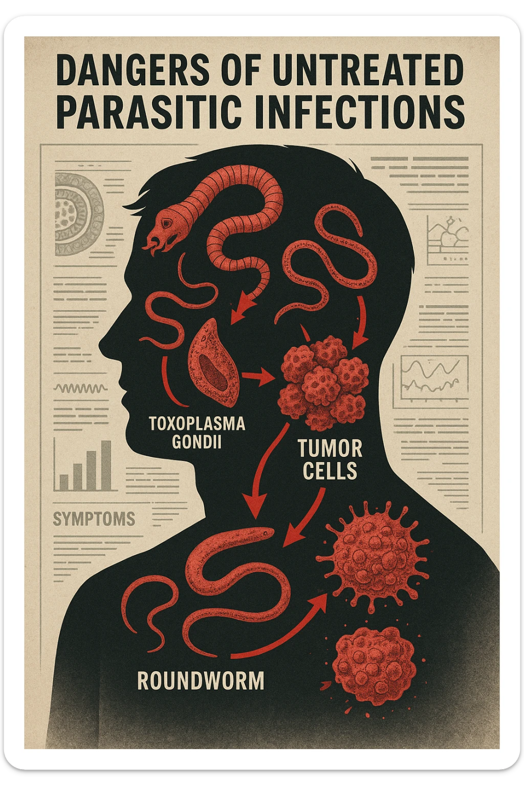 a man’s silhouette is filled with stylized images of parasites and tumor cells, connected by red lines or arrows to show cause and effect. The background features a medical chart or infographic about the dangers of untreated parasitic infections. The overall tone is serious and educational. sticker