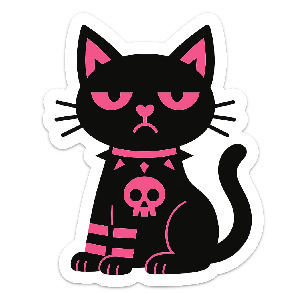 gothic cat with black and pink colors, striped stockings, heart-shaped nose, vibrant toon style sticker