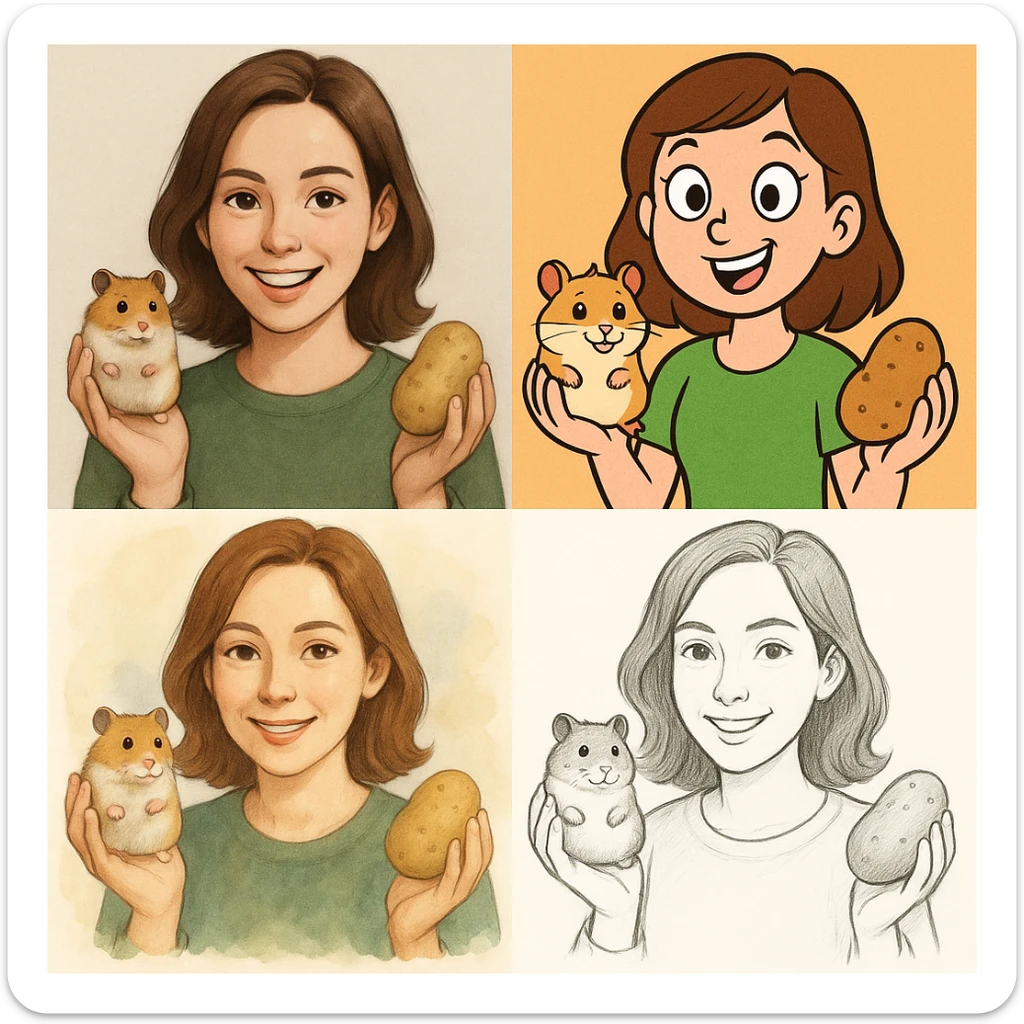 a woman holding a hamster in one hand and a potato in the other, various styles sticker
