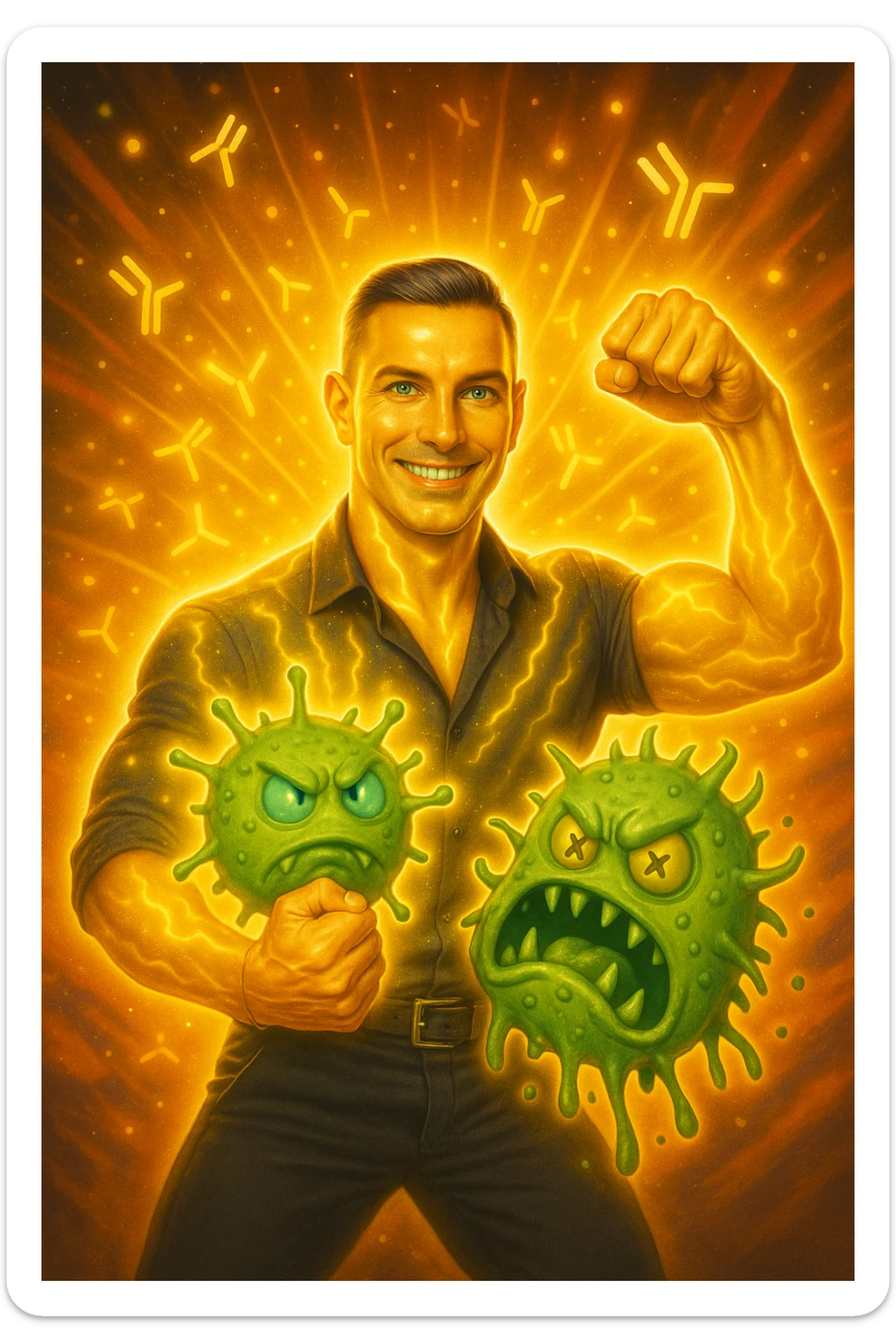 Un uomo atletico (30-40 anni) dalla pelle perfettamente liscia, senza cicatrici o imperfezioni, che emana un leggero bagliore dorato (metafora degli anticorpi).
Occhi brillanti con riflessi blu-verdi (simbolo di salute estrema).
Postura eroica, con un braccio sollevato in un gesto di forza, mentre con l'altro tiene un batterio gigante schiacciato come se fosse un mostro sconfitto. sticker