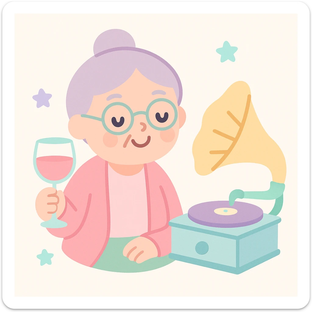 old lady with wineglass listening to gramophone sticker