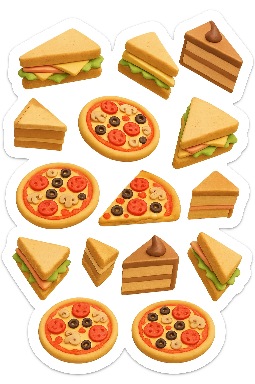 pizzette, fette di torta e panini, fluttuano in aria in 3d, sfondo bianco sticker
