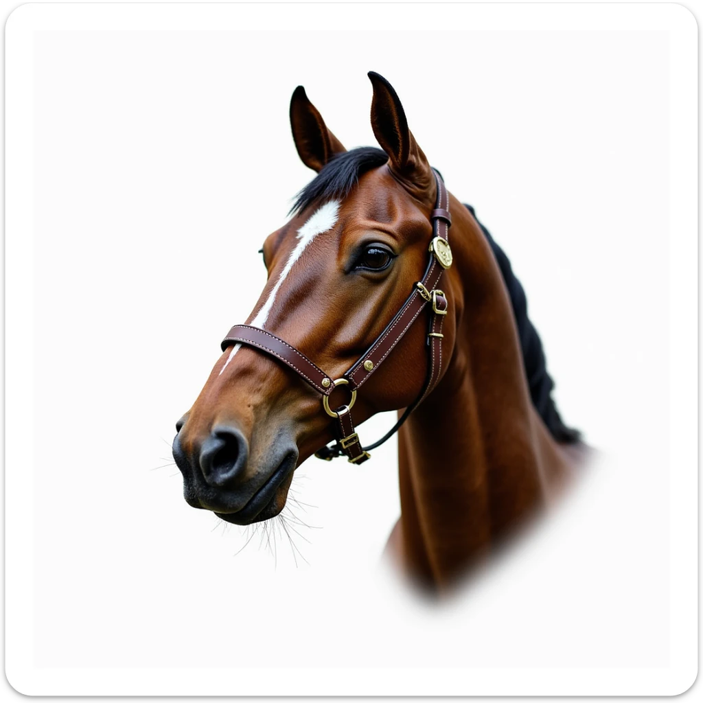 Hermès-style horse head with detailed leather harness and gold accents, photorealistic, white background sticker