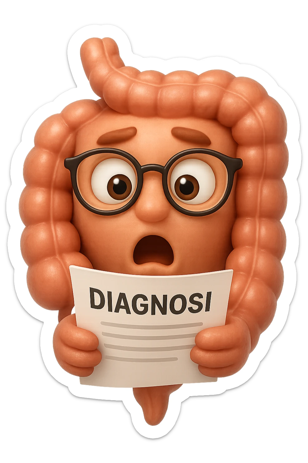 EMOJI STILE IPHONE DI UN INTESTINO CON GLI OCCHIALI CHE LEGGE UN FOGLIO CON LA SCRITTA DIAGNOSI, ESPRESSIONE STUPITA IN VOLTO, IPERREALISTICO 4K sticker
