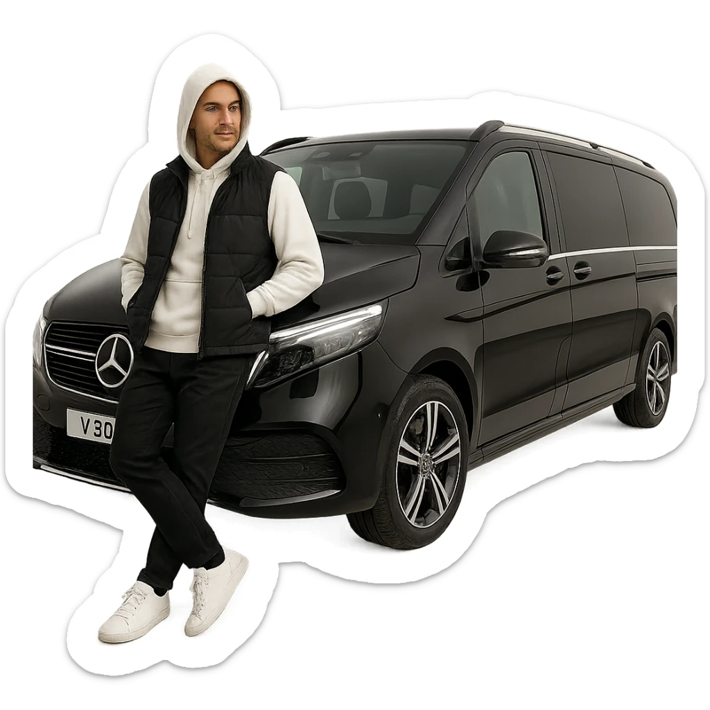 A stylish male character wearing white sneakers, black pants, a clean white hoodie with a black vest (no logos), hood up, standing casually and leaning on a black 2024 Mercedes-Benz V-Class Extra Long 300 d. No background, isolated subject, clean studio lighting, full-body view, high detail, ultra realistic, no text, transparent or white background. sticker