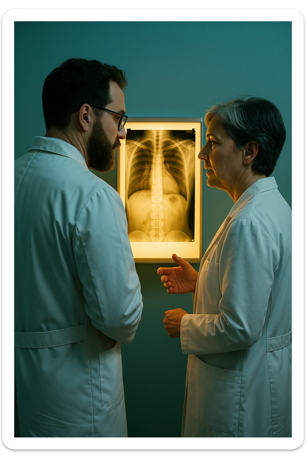 Realistic, detailed photo taken from behind of two doctors—a bearded man and a middle-aged woman—standing and facing each other as they discuss a diagnosis in front of a medical chart. The scene is illuminated by a yellowish, orange, warm light that softly envelops the doctors. The entire room is bathed in a single green-blue color, creating a cohesive and modern atmosphere. Both doctors wear white coats, and their body language suggests a serious, professional conversation. Shot with a Canon EOS R5, with high detail and natural depth of field. sticker