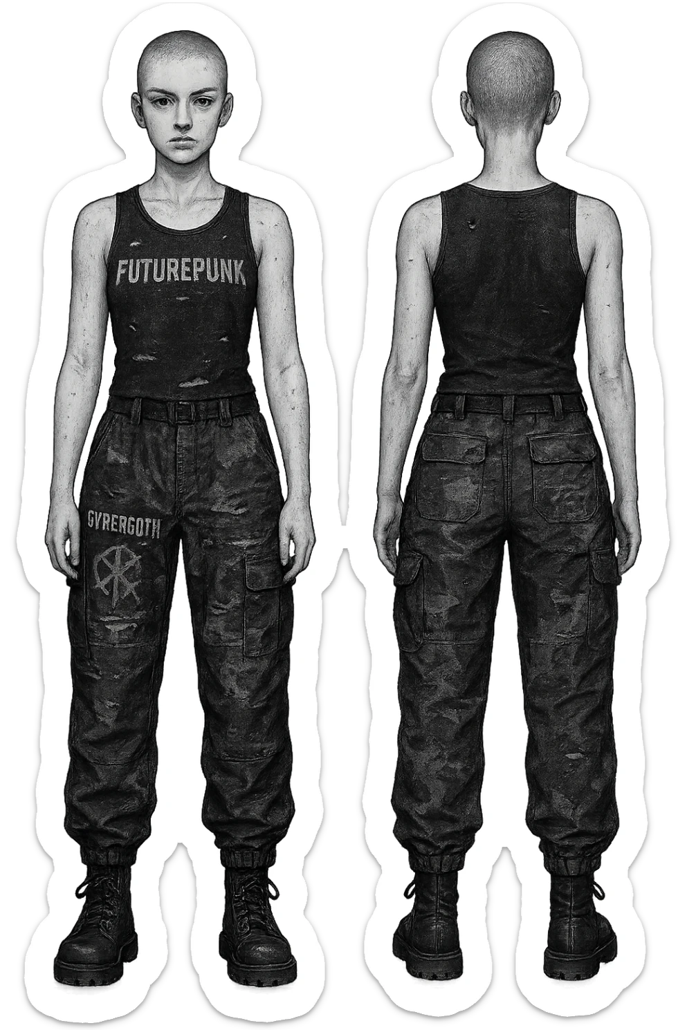 1 female outfit design for a VTUBER OC. The style is mixed 90's grunge, punk, lots of black and white in the color scheme, futuristic aesthetic. Clothing has small rips and tears from wear, logos and designs are faded. Garage, Shoegaze, postmodern style. character design concept art outfit for a female. [[FUTUREPUNK CYBERGOTH]] front on view, not 3/4 angle or any angle, perfect front, front and back view of each design, black and white patched gorka-style cargo lower, black graphic tanktop upper, buzz cut sticker