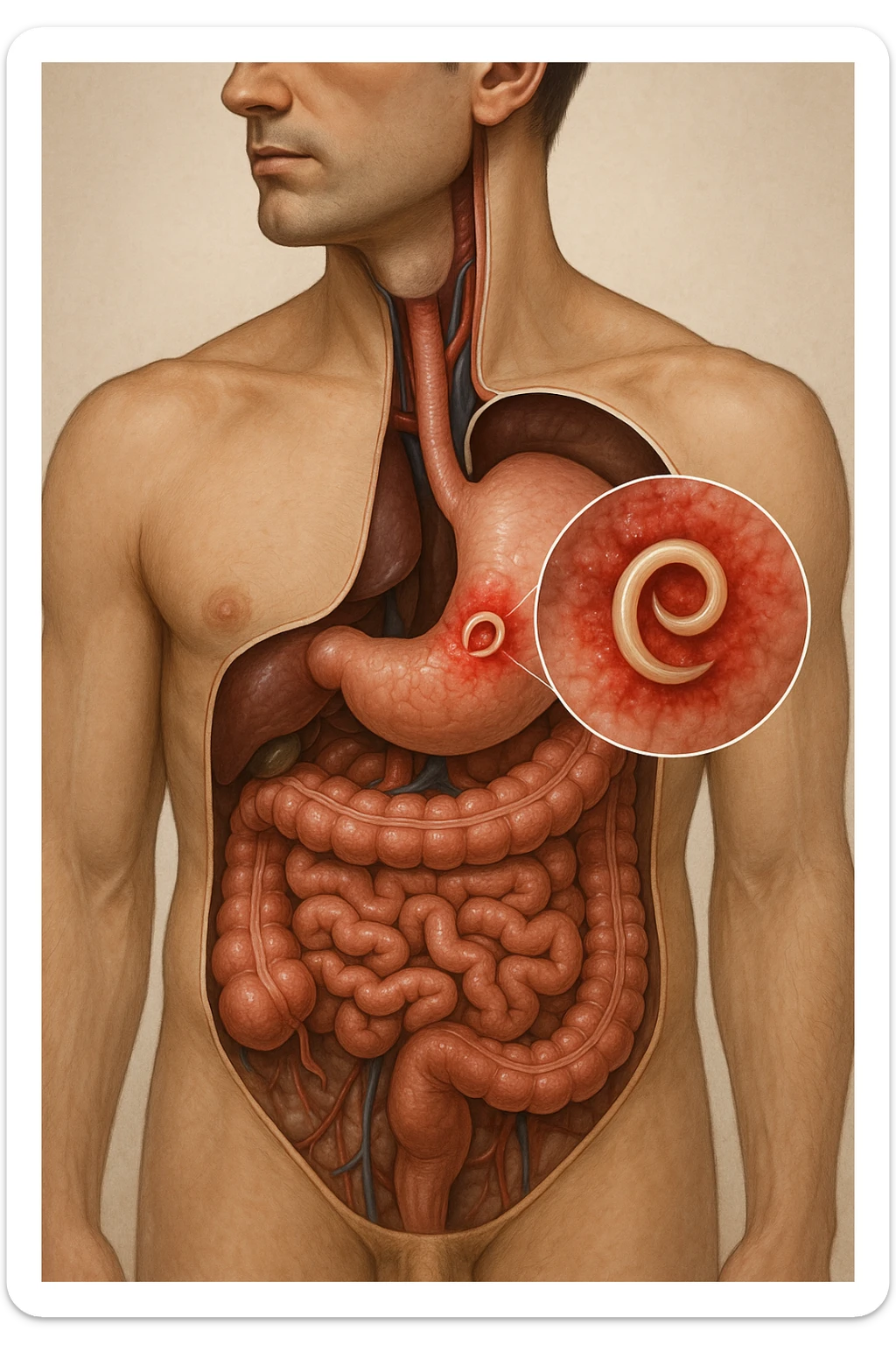 a 3D cutaway view of the human digestive tract, showing an Anisakis larva attached to the stomach or intestinal wall. in a man sticker