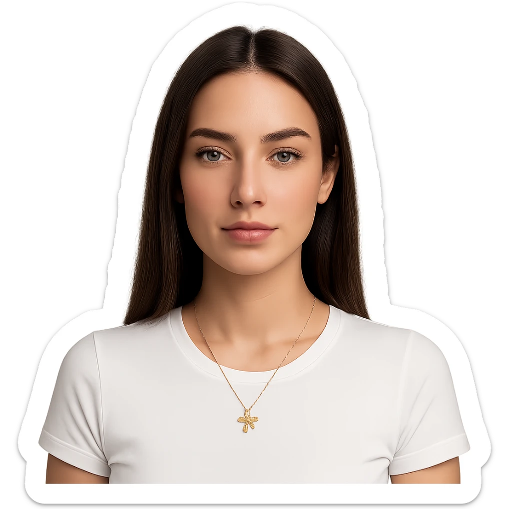 a composed woman with long straight dark brown hair parted in the center, smooth light skin, almond-shaped eyes with natural makeup, full pink lips, white fitted tee, gold four-leaf clover necklace, soft neutral gaze sticker