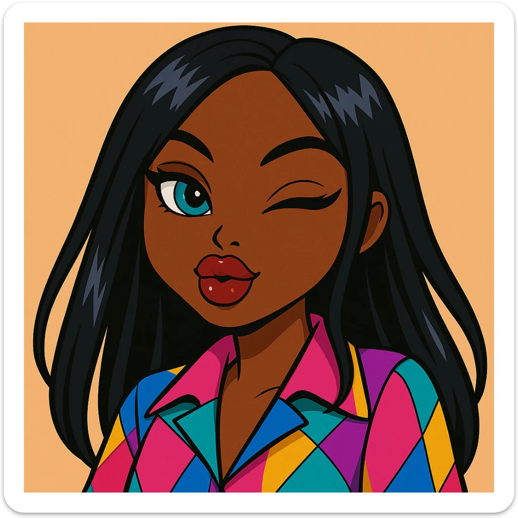 Headshot only of a 20-year-old anime Bratz style woman with dark skin and straight hair. She has a sassy attitude with a confident and playful expression. She wears a bold colorful fashion-forward look, has big expressive eyes, and glossy lips. No hat, no tears. sticker