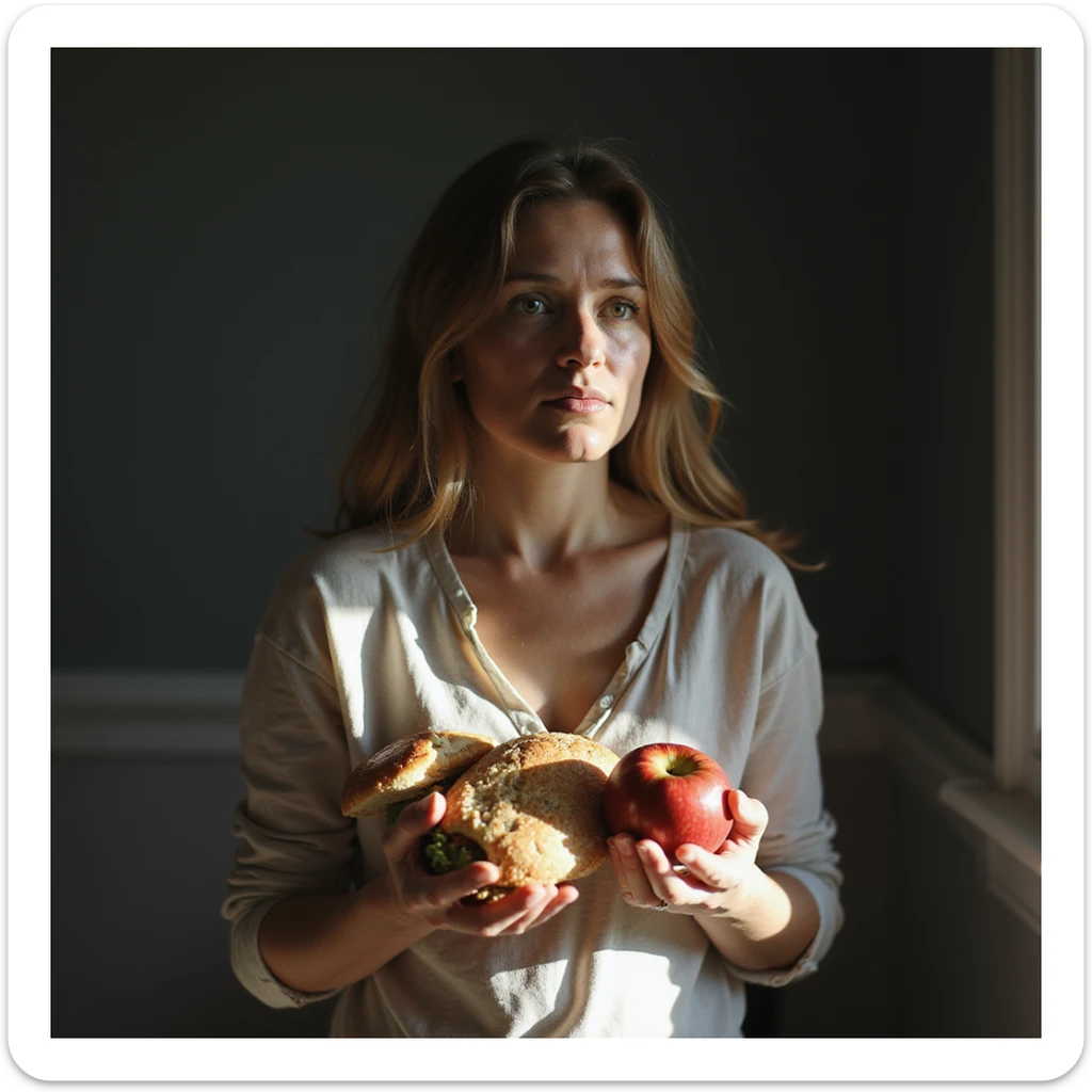 adult woman, photorealistic, diet no longer effective, lost gaze, surrounded by light food packages, holding an apple, sad atmosphere, natural light, kitchen background sticker