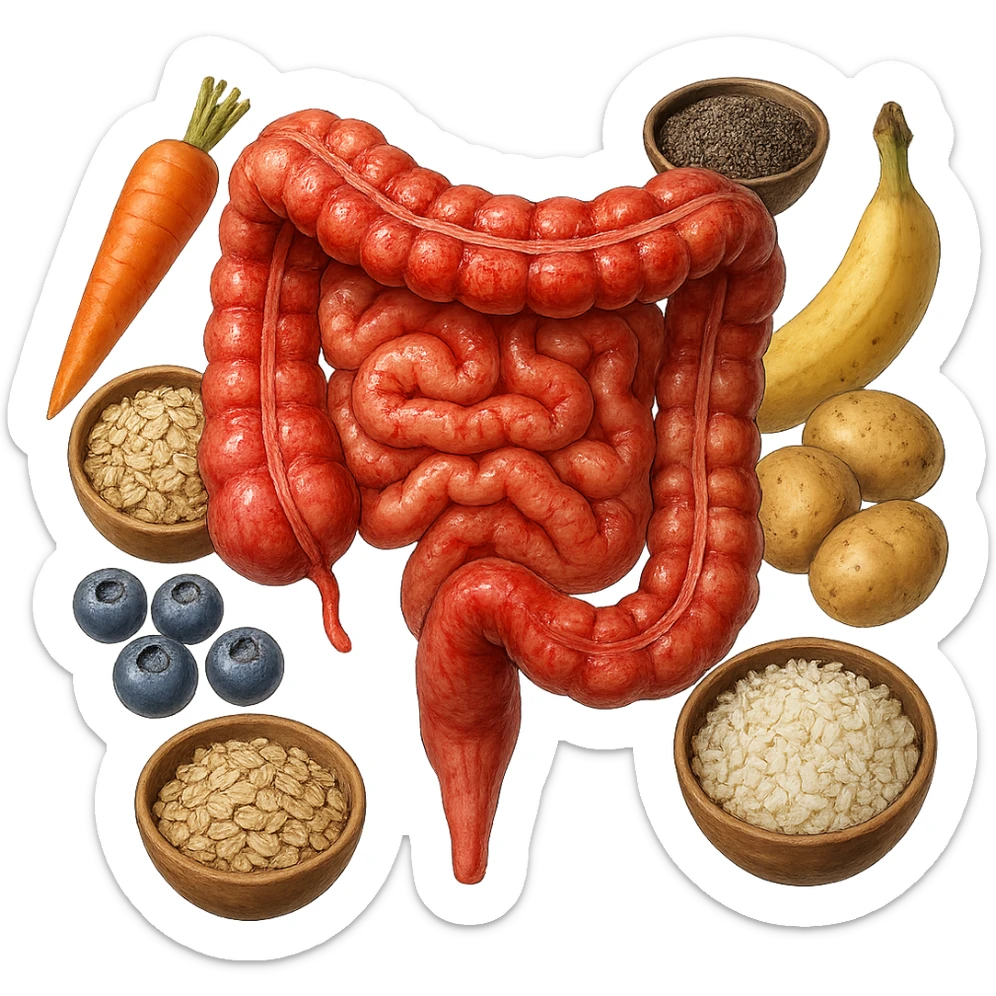intestino umano anatomico infiammato con carota, bowl di avena, mirtilli, bowl di semi di chia, patate, banane, zucca, bowl di riso che gli fluttuano dietro, iperrealistico 4k sticker