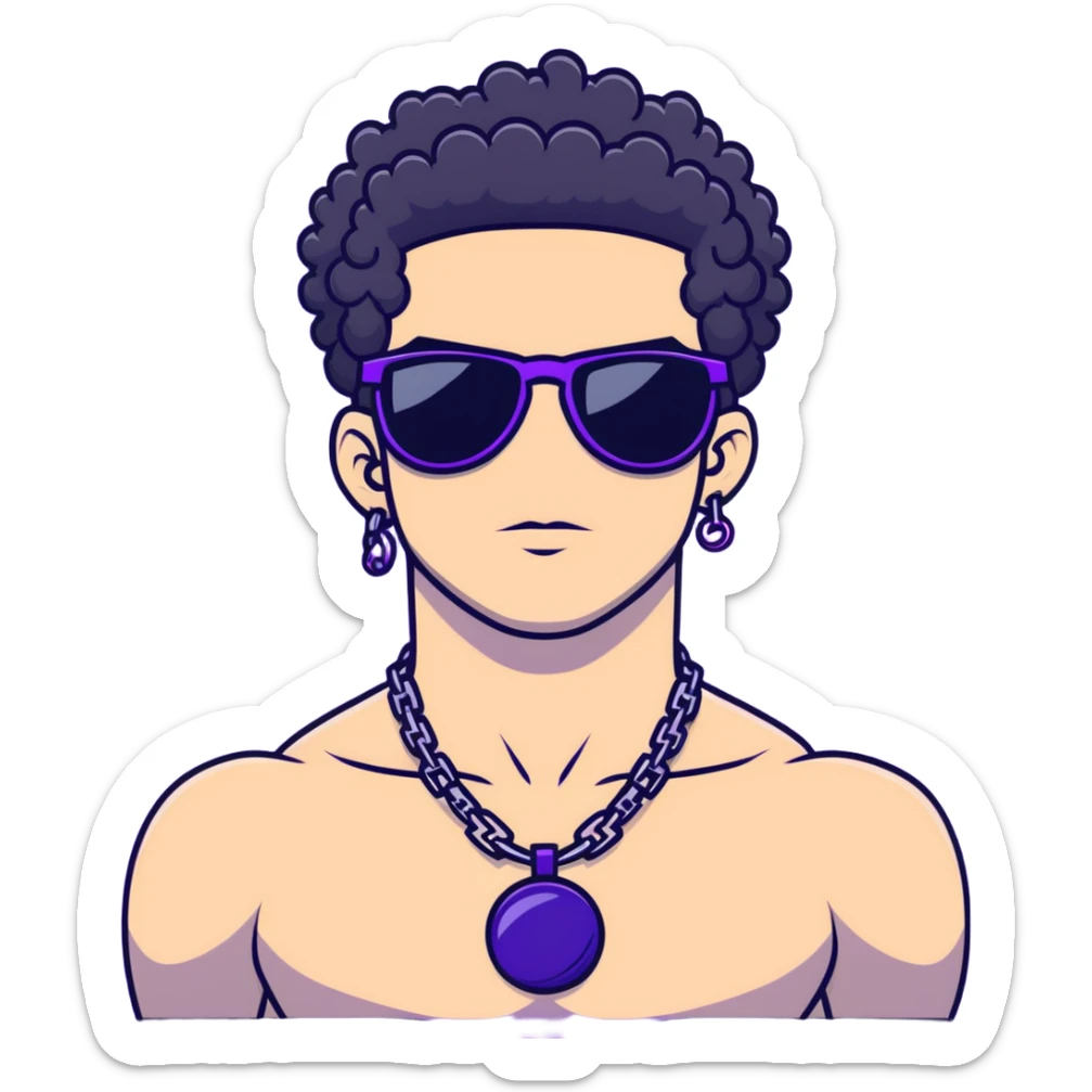 shirtless male athlete with white skin and moderately curly black hair on top with shaved sides, wearing purple sunglasses with very dark heavily tinted black lenses, and a simple plain black chain necklace with absolutely no pendant or decoration sticker