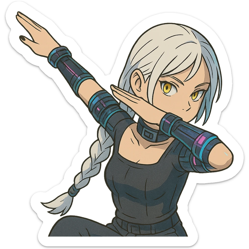 she is dabbing, a closeup portrait of young woman with gold yellow eyes, white hair, long braid, black off-shoulder top d-cup, punk gothic style, futuristic cyberwave cyberpunk, sitting position sticker