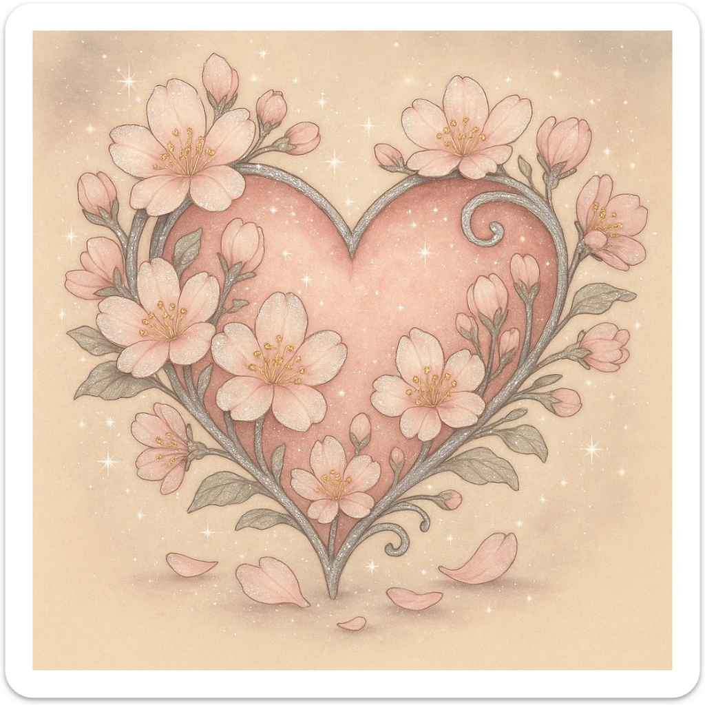 Add more silver sparkles and accents to the heart with sakura in ghibli style. sticker
