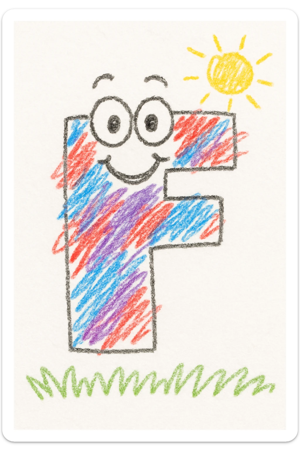 The letter F illustrated in a lively, energetic way, with playful patterns and a joyful face, matching a fun ABC set for children. sticker