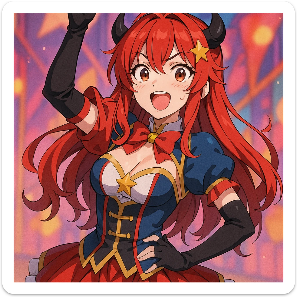 anime style woman with red hair in cosplay costume, expressive face, vibrant colors sticker