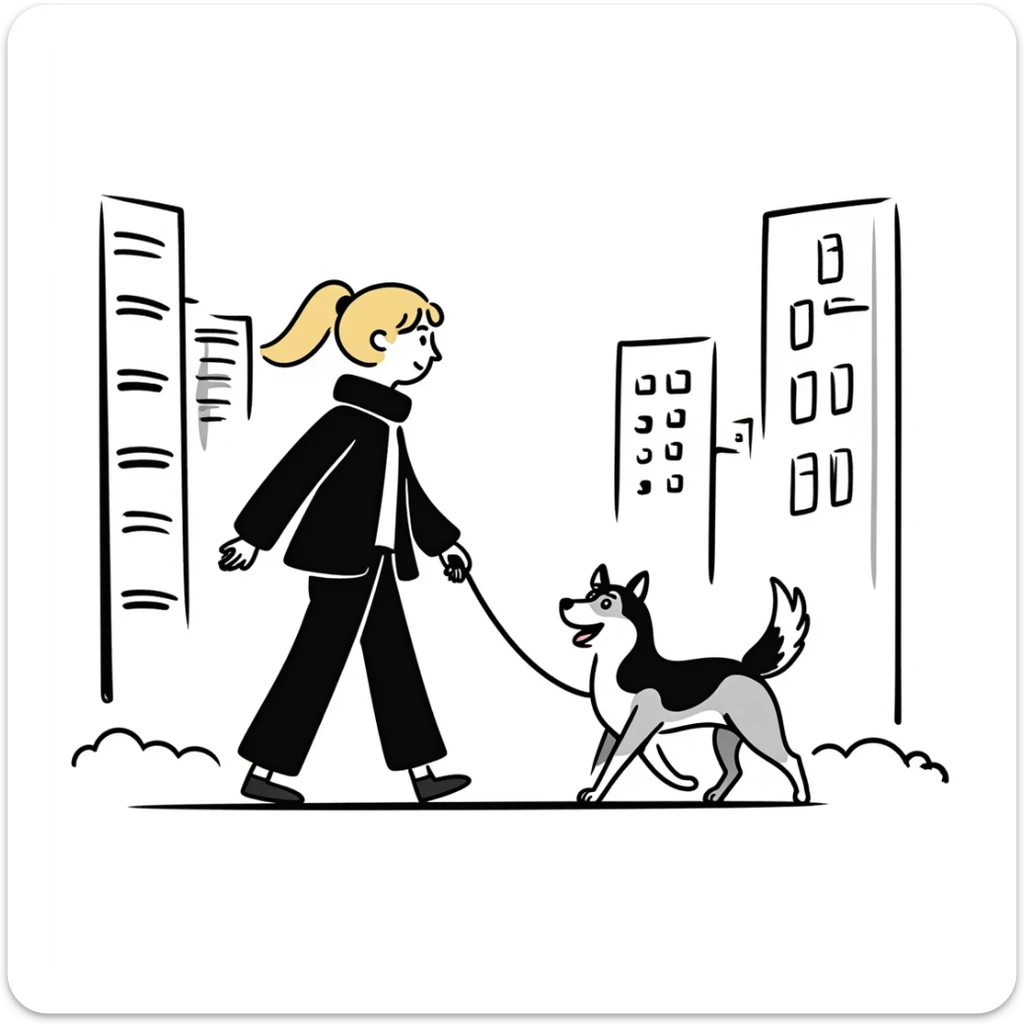 Blonde woman walking a happy Siberian husky in New York City on an upper east side city sidewalk  sticker