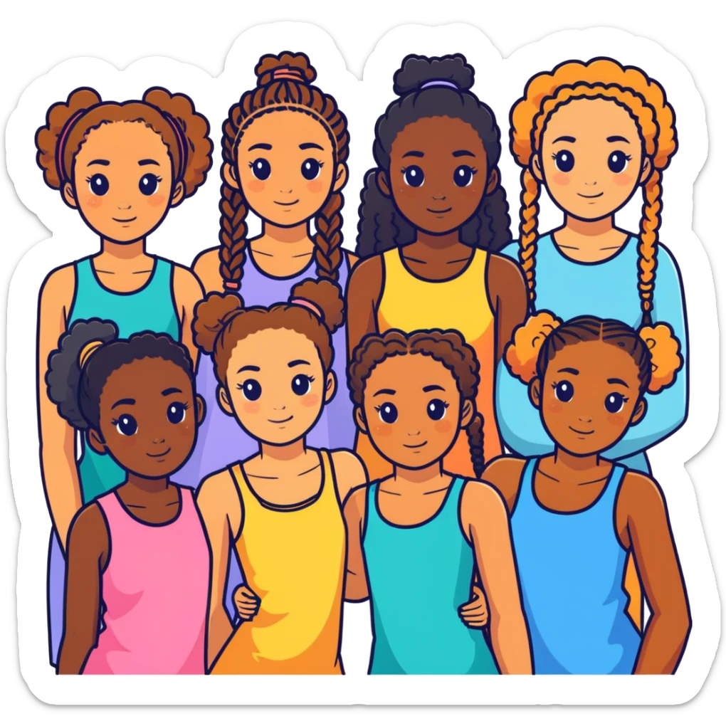 nine girls six girls with curly hair, tan skin and one girl braids and dark skin and two girls tan skin and straight hair sticker