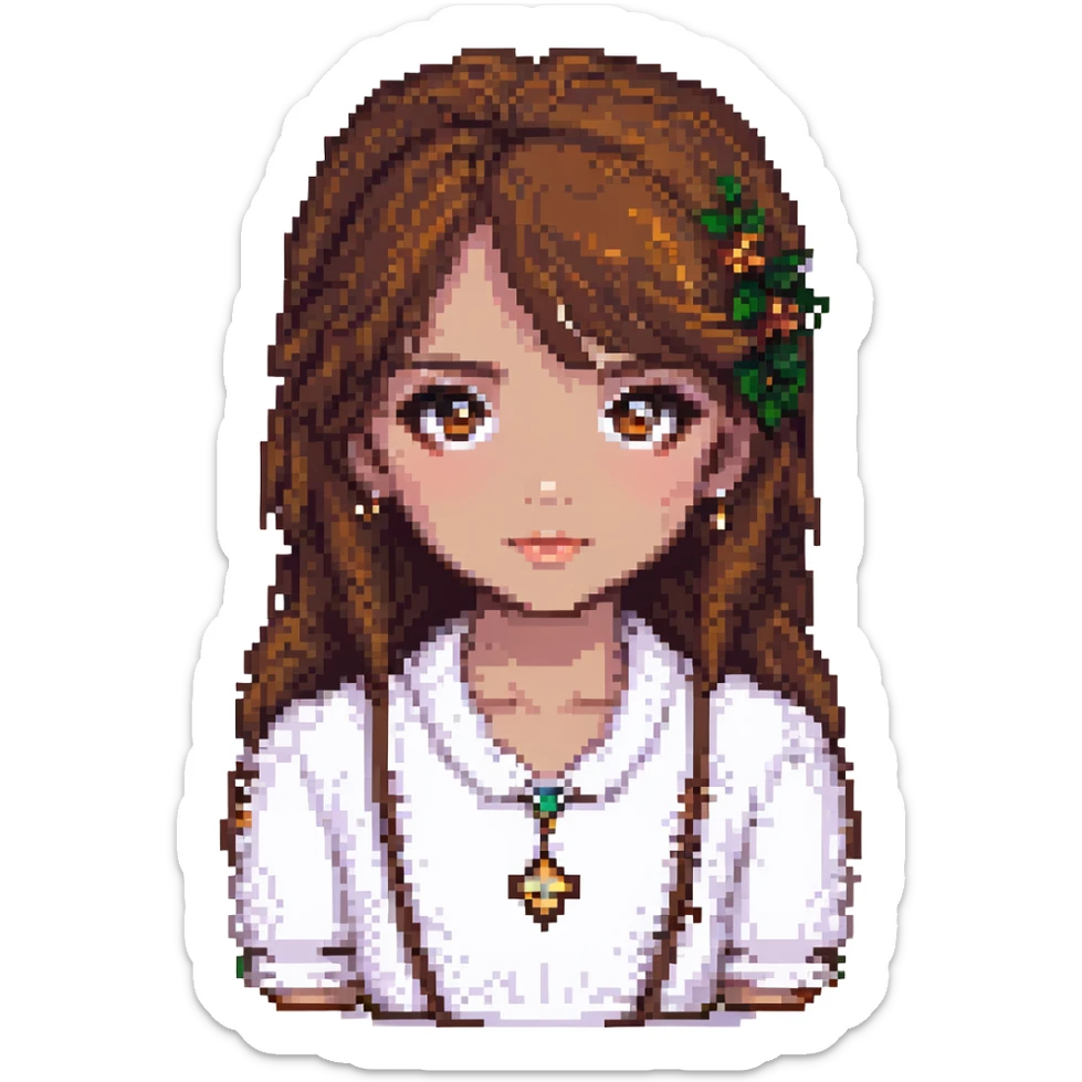 Change the girl's eyes to a rich brown color, keep the pixel art style and the sunset background. sticker