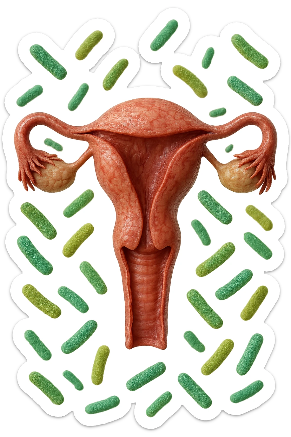batteri intestinali fluttuano intorno ad un utero umano anatomico, iperrealistico 4k sticker