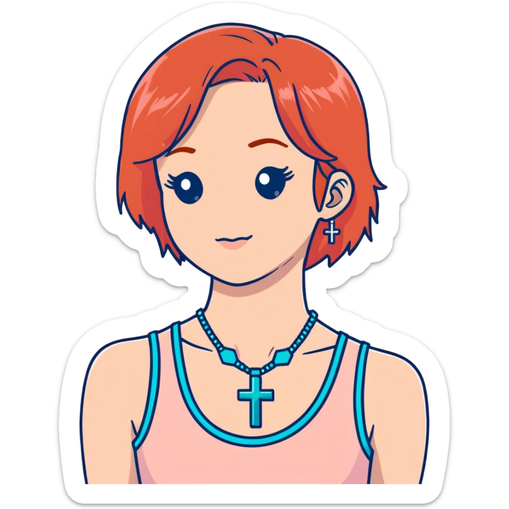 Auburn ginger haired girl with eyelashes wearing a cross necklace and a light coral pink tank top sticker