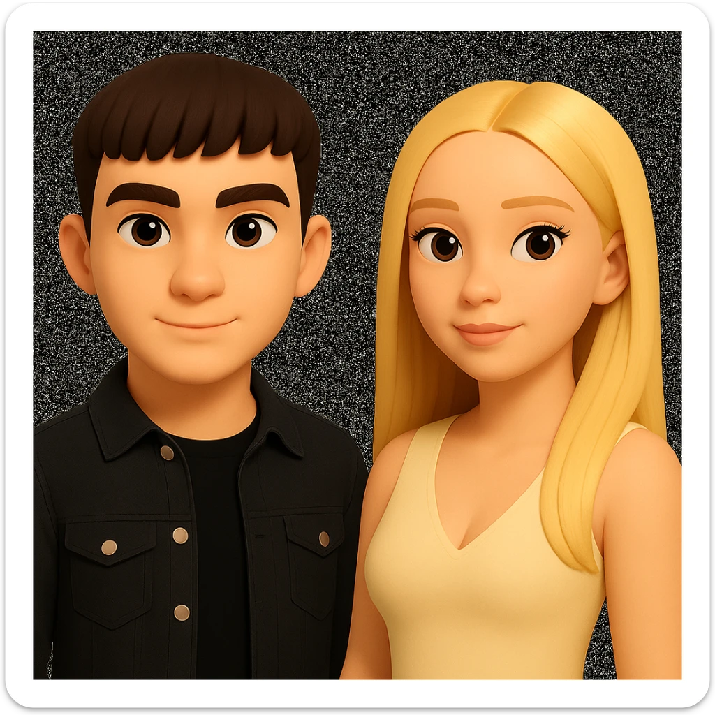 Slightly increase the volume of the upper body of the girl, significantly spread them apart from each other, make the skin color the same for both characters, while preserving the cartoonish 3D style as seen in the reference image. sticker