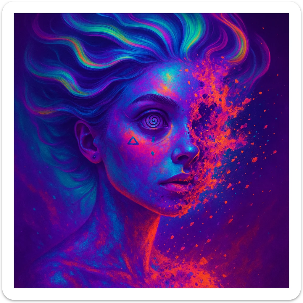 surreal neon portrait, skin in vibrant palette, face partially dissolving in colorful explosion, airbrush technique, hair as swirling liquid streams like northern lights, spiral eyes, geometric elements on face, paint particles flying, acid purple, turquoise, electric pink, sense of transformation sticker