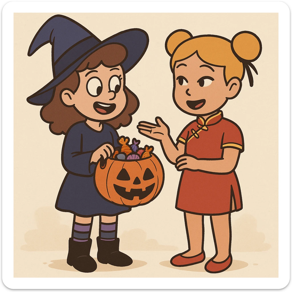 girl brown classic curls hair blue witch a witch costume purple stripes socks black boots girl yellow hair Chinese Girl Costume Red Oriental Dress red shoes some trick or treats  sticker